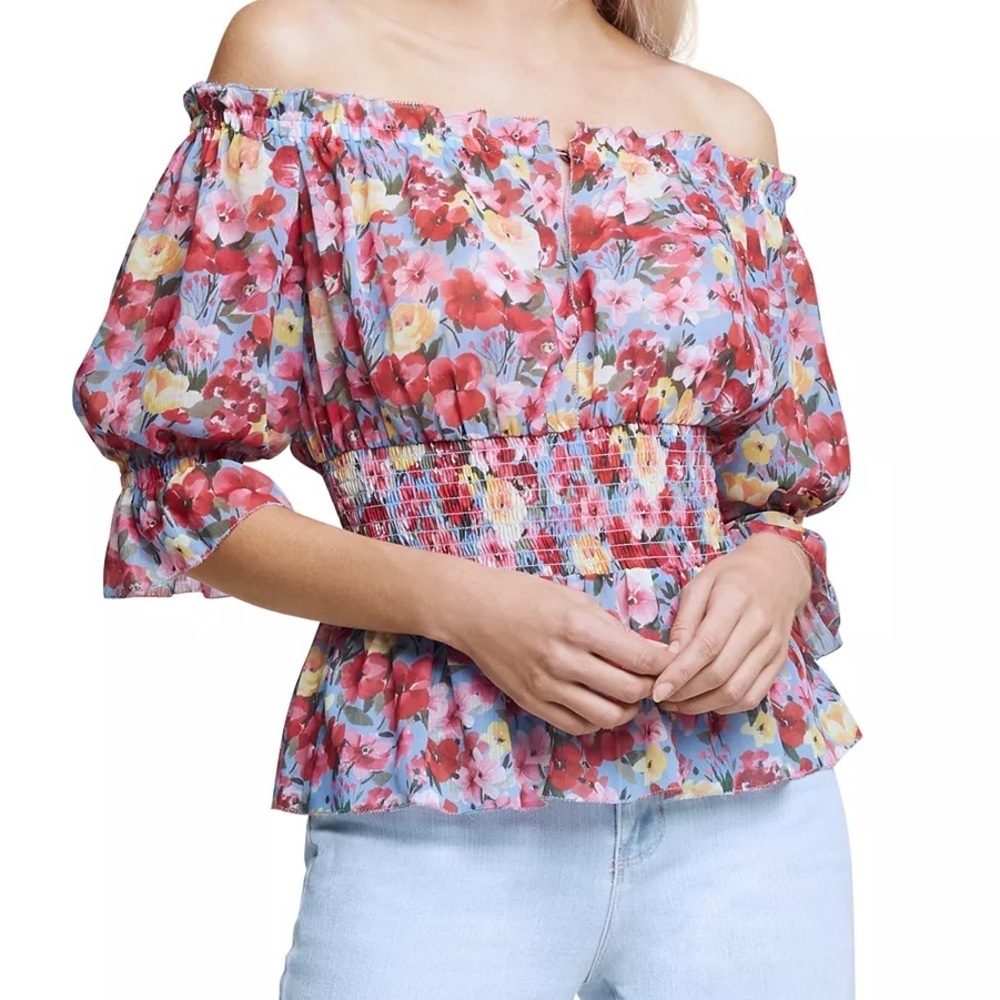 L'AGENCE Aubriella floral off shoulder keyhole neck top - Picture 3 of 12